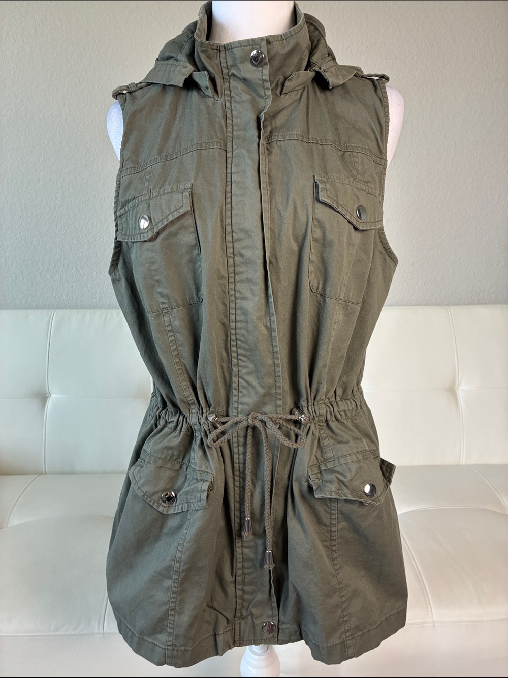 Cavalini Olive Green Utility Drawstring Vest Jacket - Hooded